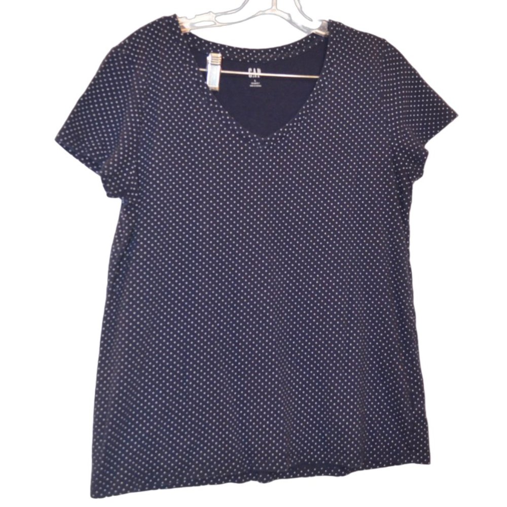 GAP Navy Blue White Polkadots Prints Short Sleeves Soft Blouse Women L